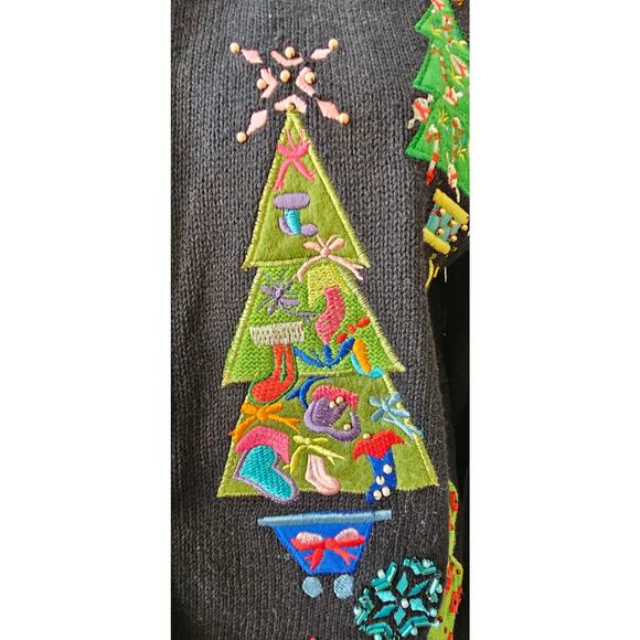 Vintage Christmas‎ Trees Cardigan Sweater 3D Jeweled Embroidered Applique Small - Picture 5 of 12